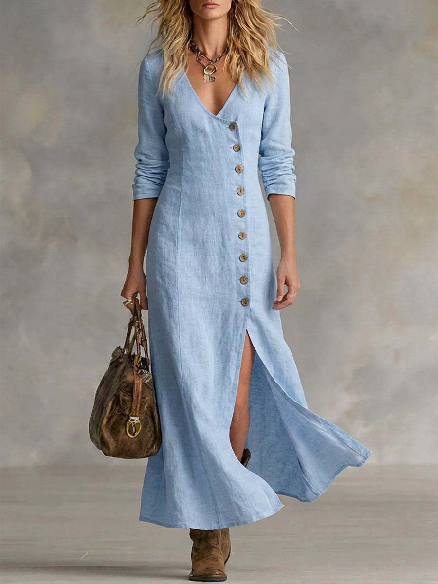 Boho Linen Maxi Dress with V-Neckline and Button Front