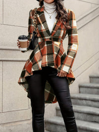Plaid Wrap Jacket with Flared Hem and Single Button