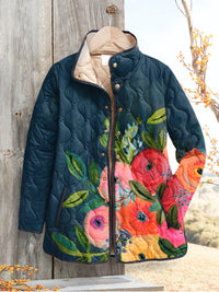 Floral Print Lightweight Quilted Jacket with Stand Collar