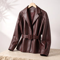 Belted Leather Jacket with Wide Collar and Cuffed Sleeves