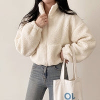 Cosy Cropped Sherpa Fleece Jacket with Funnel Neck