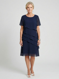 Classic Tiered Chiffon Midi Dress with Short Sleeves