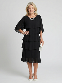 Elegant Tiered Chiffon Midi Dress with Three Quarter Sleeves