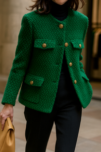 Chic Green Textured Knit Jacket with Gold Buttons