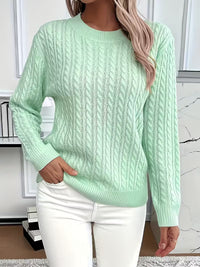 Cable Knit Sweater with Round Neck and Ribbed Cuffs