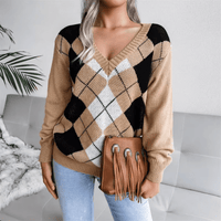 Argyle Knit Sweater with V-Neckline and Colour Block Pattern