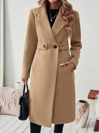 Belted Long Wool Coat with Wide Collar and Side Pockets
