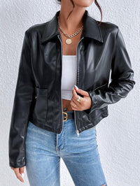 Black Cropped Leather Jacket with Collar and Chest Pocket