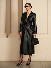 Chiq Black Leather Trench Coat with Belt and Button Front