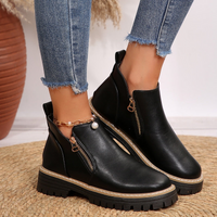 Black Leather Ankle Boots with Chunky Sole and Gold Zip