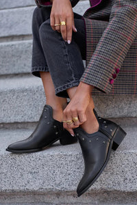 Black Leather Ankle Boots with Star Stud Detail and Block Heel
