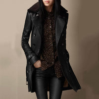 Black Leather Coat with Shearling Collar and Double Breasted Front