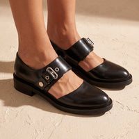 Black Leather Mary Jane Shoes with Wide Buckle Strap