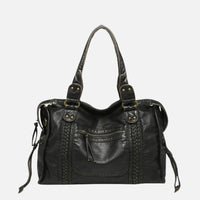 Black Leather Shoulder Bag with Braided Trim and Side Ties
