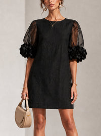 Black Mini Dress with Sheer Puff Sleeves and Flower Cuffs