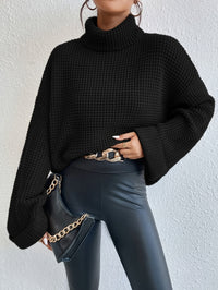 Black Oversized Turtleneck Sweater with Waffle Knit Texture