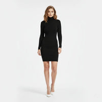 Black Ribbed Knit Dress with Turtleneck and Long Sleeves