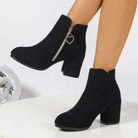 Black Suede Block Heel Ankle Boots with Gold Heart Zip