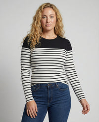 Black and White Striped Long Sleeve Top with Crew Neckline