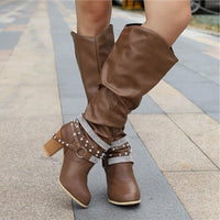 Block Heel Leather Knee High Boots with Studded Straps