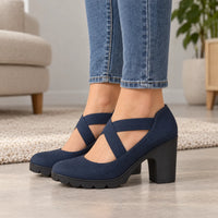 Block Heel Mary Jane Shoes with Cross Strap and Treaded Sole