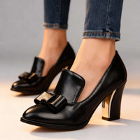 Block Heel Pumps with Bow Detail and Gold Heel Accent