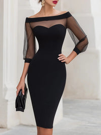 Bodycon Midi Dress with Mesh Sleeves and Sweetheart Neckline
