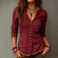 Boho Button Up Blouse with V-Neckline and Contrast Trim