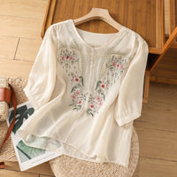 Boho Floral Embroidered Linen Blouse with Three Quarter Sleeves