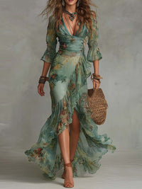 Boho Floral Maxi Dress with Deep V-Neckline and Ruffle Hem