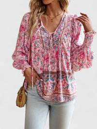 Boho Floral Print Blouse with Tie Neck and Smocked Cuffs