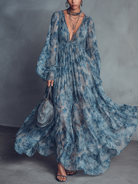 Boho Floral Print Maxi Dress with Deep V-Neckline and Puff Sleeves