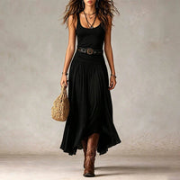 Boho Flowy Midi Skirt with Ruched Waistband and Asymmetric Hem