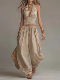 Boho Halter Neck Crop Top and Wide Leg Trouser Two Piece Set