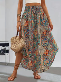 Boho High Waist Maxi Skirt with Paisley Print and Asymmetric Hem