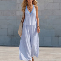 Boho Lace Trim Two Piece Set with V-Neckline and Wide Leg Trousers