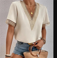 Boho Lace Trim V-Neck Top with Short Sleeves