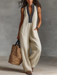 Boho Linen Jumpsuit with Embroidered V-Neckline and Wide Leg
