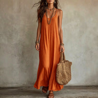 Boho Linen Sleeveless Maxi Dress with V-Neckline