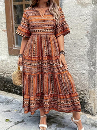 Boho Maxi Dress with Tribal Print and Smocked Waist