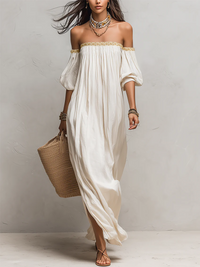 Boho Off Shoulder Maxi Dress with Gold Trim and Puff Sleeves