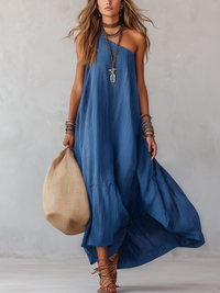 Boho One Shoulder Striped Maxi Dress with Oversized Silhouette