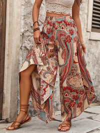 Boho Paisley Print Palazzo Trousers with Elasticated Waist and Asymmetric Hem