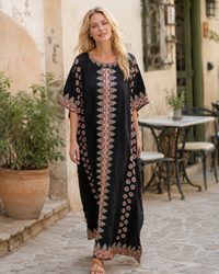 Boho Printed Kaftan Maxi Dress with Embroidered Detail