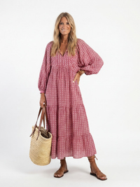 Boho Printed Maxi Dress with Balloon Sleeves and Tiered Skirt