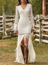 Boho Wedding Dress with Lace Bodice and Fringe Hem