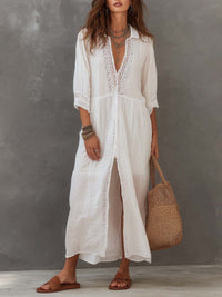 Boho White Maxi Dress with Lace Trim and Three Quarter Sleeves