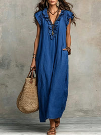 Breezy Linen Maxi Dress with Ruffle V-Neckline and Pockets