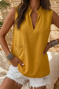 Breezy Sleeveless Linen Top with Ruffle Collar and V-Neckline