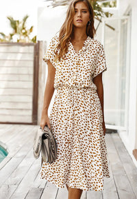 Relaxed Linen Spotted Midi Dress with Drawstring Waist
